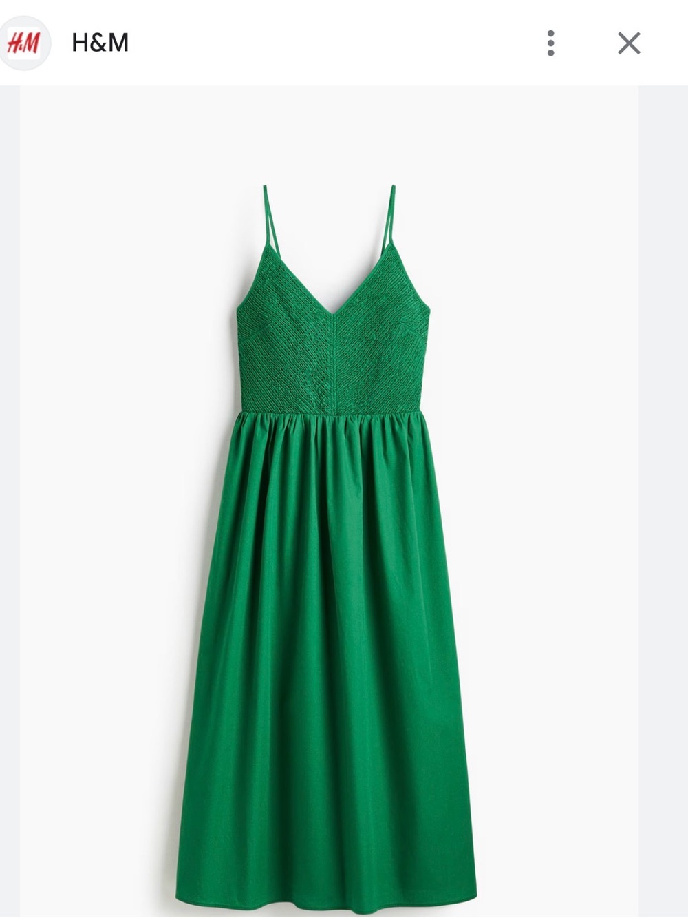 H&M Emerald Green Smocked Bodice Spaghetti-Strap Midi Dress